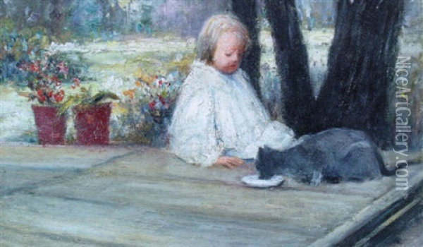 Little Girl With A Cat Oil Painting - Richard Edward Miller