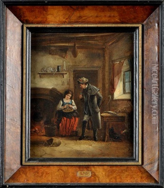 The Countryman's Courtship - A Cottage Interior Scene Oil Painting - Thomas Barker