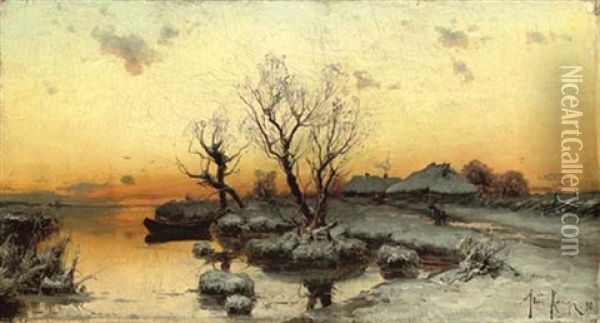 Russian Lakeside In Winter Oil Painting - Yuliy Yulevich (Julius) Klever