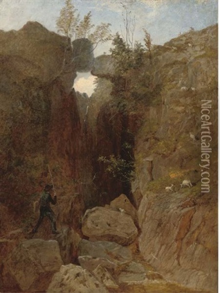 The Artist Crossing A Ravine Oil Painting - Andrew MacCallum