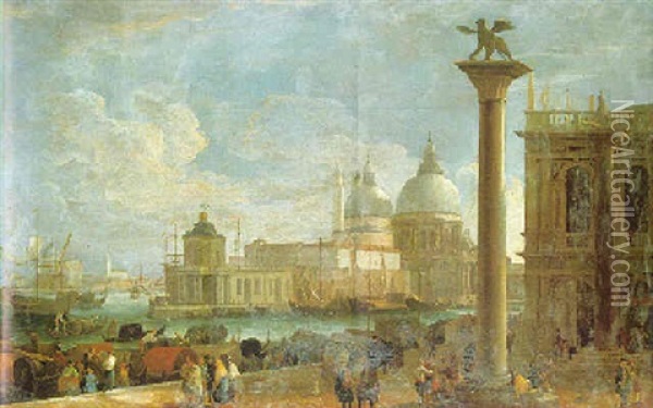 A View Of The Molo With The Dogana And Santa Maria Della Salute Oil Painting - Luca Carlevarijs