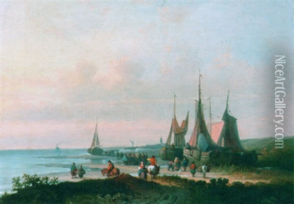 Fishing Boats At Low Tide And Villagers On The Beach Oil Painting - Laurent Herman Redig