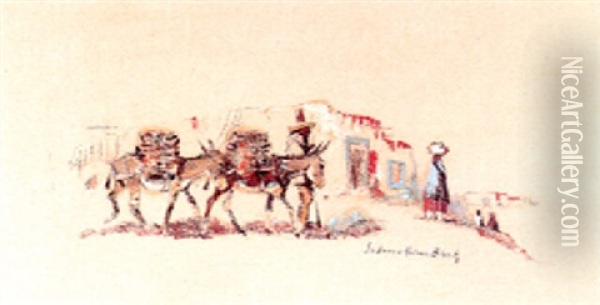 Pack Mules And People Outside Of Adobes Oil Painting - Laverne Nelson Black