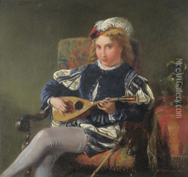 Young Man Seated On A Chair Playing A Lute Oil Painting - Henry Stanier