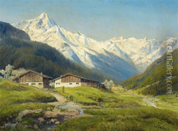 Tal Im Fruhling, Im Hintergrund Berge Im Schnee Oil Painting - Konrad Petrides