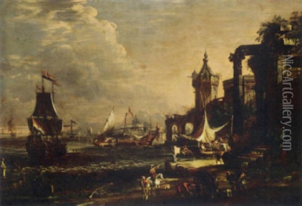 A Capriccio Of A Mediterranean Port Oil Painting - Johann Anton Eismann