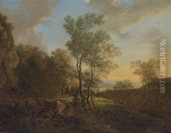 An Italianate Wooded Landscape With Travellers On A Path Oil Painting - Jan Dirksz. Both