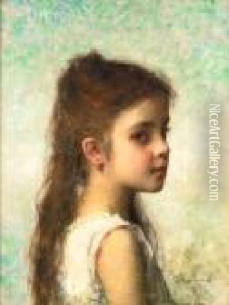 Young Girl Before A Blue Background Oil Painting - Alexei Alexeivich Harlamoff