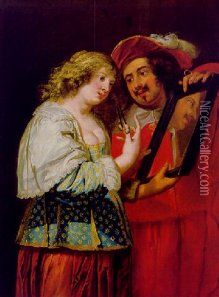 Ein Liebespaar, Der Kavalier Halt Seiner Dame, Die Sich Die Locken Wickelt, Einen Spiegel Vor Das Gesicht Oil Painting - Jan Cossiers