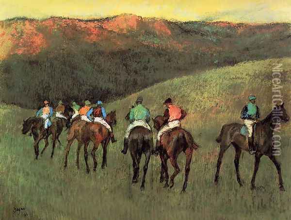 Racehorses in a Landscape Oil Painting - Edgar Degas