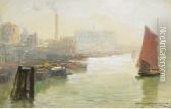 Sailboat In Harbour Oil Painting - Frederic Marlett Bell-Smith