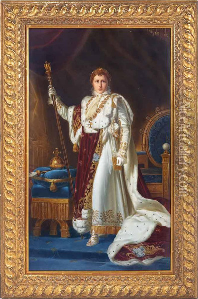 The Young Emperor Depicted In His Grand Coronation Robe Standing Beside His Throne Chair With His Orb And Scepter. Oil Painting - Baron Francois Gerard