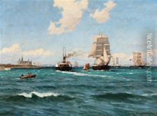 Sailing Ships And A Ferry Off Kronborg Castle, Elsinore Oil Painting - Carl Ludvig Thilson Locher