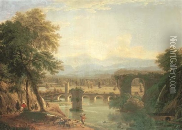 The Augustan Bridge On The Nera River, Near The Town Of Narni, Italy Oil Painting - Jean Joseph Xavier Bidault