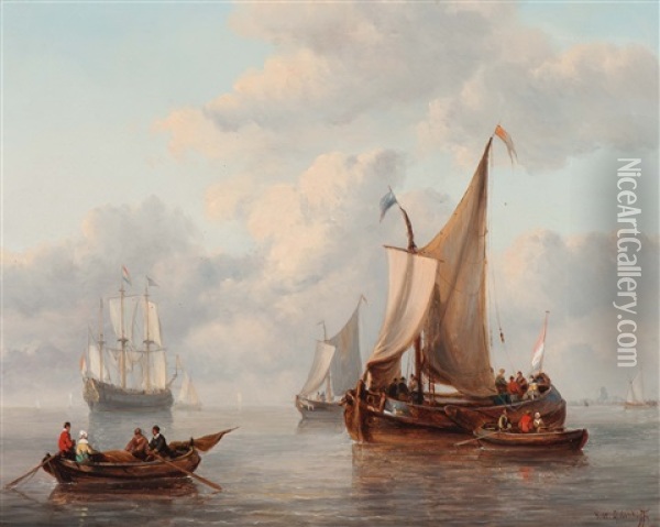 Dutch Sailboats And Ships On A Summer Afternoon Oil Painting - George Willem Opdenhoff