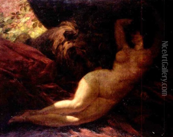 Jeune Femme Nue Etendue Et Lion Oil Painting - Louis Beroud