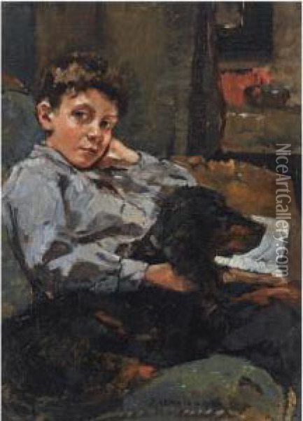 A Portrait Of A Boy And His Dog Oil Painting - Johannes Evert Akkeringa