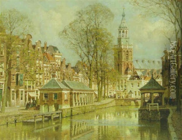 The Korenbank And The Visbank Along The Lage Gouwe, Gouda, With The St. Janskerk Beyond Oil Painting - Johannes Christiaan Karel Klinkenberg