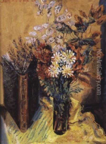 Nature Morte Au Livre Et Bouquet De Fleurs Oil Painting - Alexis Paul Arapov