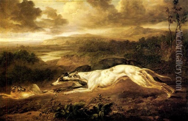 A Pair Of Greyhounds Chasing A Hare Oil Painting - Charles Towne the Younger