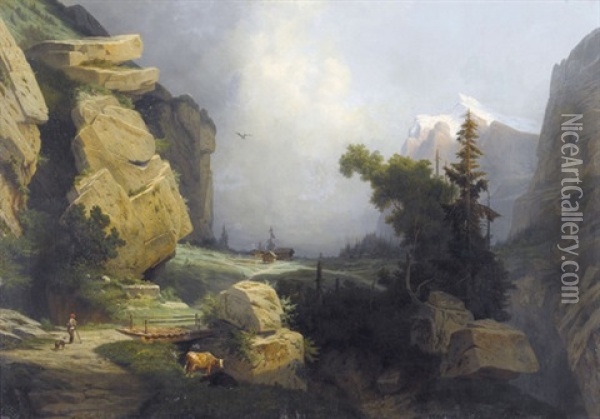 Felsige Berglandschaft Mit Blick Auf Das Wetterhorn Oil Painting - Leonard-Alexis Dalige de Fontenay