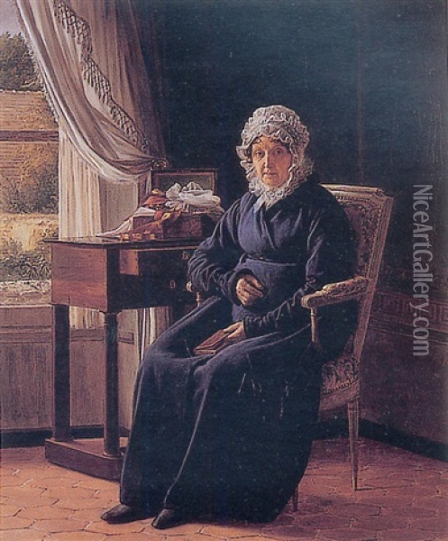 Portrait D'une Femme En Robe Bleu Assise A Son Ouvrage Oil Painting - Pierre Duval-Lecamus