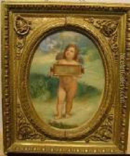 Cherub Holding Tablet Oil Painting - Raphael (Raffaello Sanzio of Urbino)