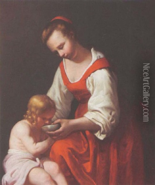 A Mother Feeding Her Child Oil Painting - Reyer Jacobsz. van Blommendael