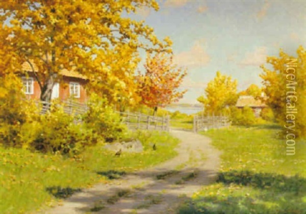 Solig Sensommardag Vid Stugan Oil Painting - Johan Fredrik Krouthen