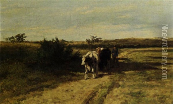 A Peasant With His Cattle On A Country Road Oil Painting - Herman Bogman I