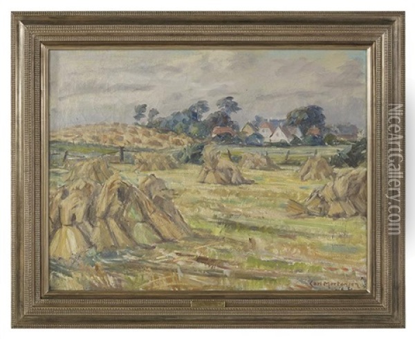 Landscape With Haystacks Oil Painting - Carl Laurits Nikolaj Mortensen