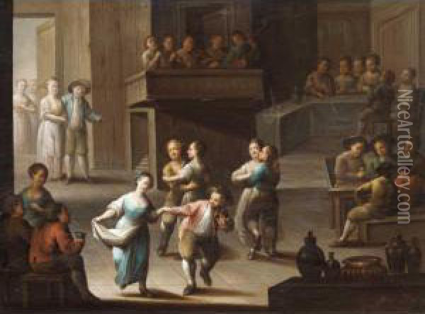 Interior With Figures Dancing Below A Gallery Of Musicians Oil Painting - Justus Juncker