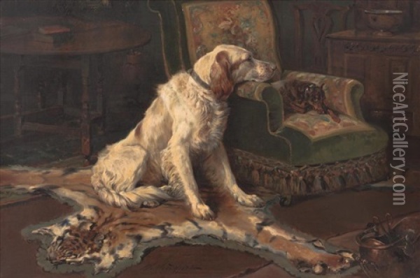 Hunting Dogs At Rest Oil Painting - William Woodhouse