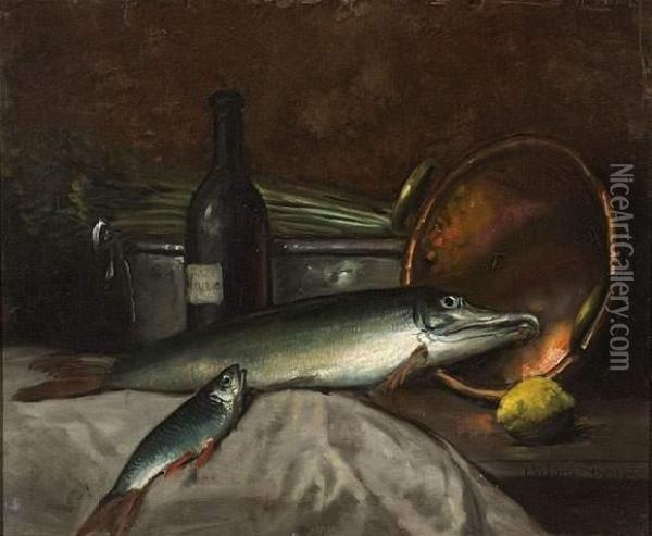 Nature Morte Aux Poissons. Oil Painting - Theodore Levigne