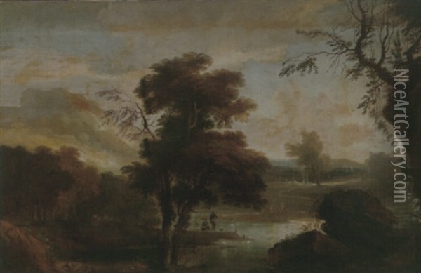 A Wooded Landscape With Figures Bathing And Resting On The Banks Of A River Oil Painting - Adriaen Van Diest