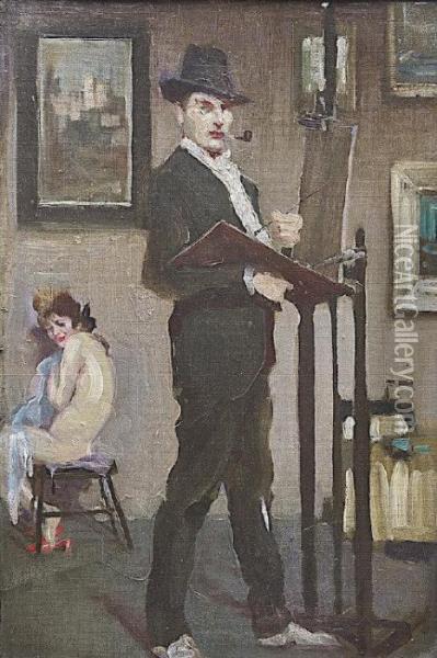 Self-portrait In The Artist's Studio Oil Painting - James Sinton Sleator