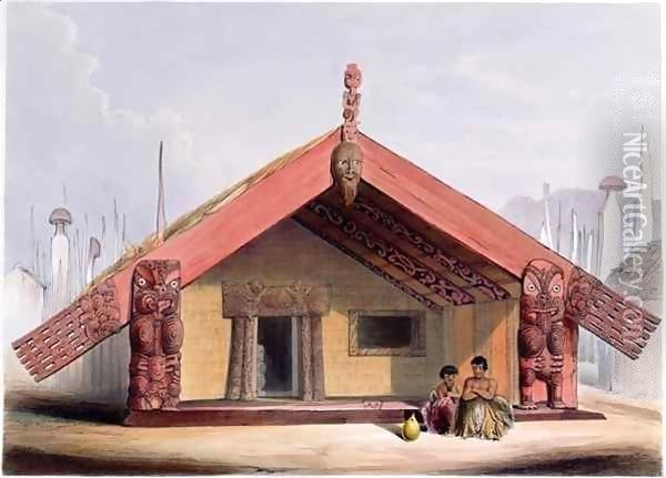 Maori food storehouse ('whatas' or 'patukas') from the 'New Zealand Illustrated' Oil Painting - George French Angas