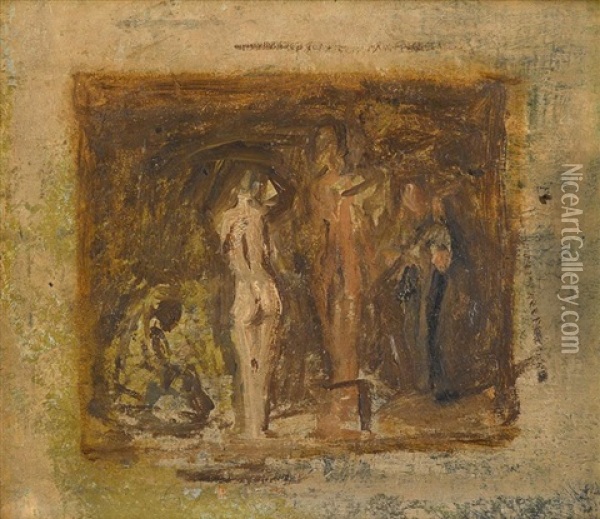 Sketch For Rush Carving Oil Painting - Thomas Eakins