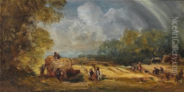 Getreideernte Mit Bauern Und Regenbogen (studie) Oil Painting - Eduard Schleich the Elder