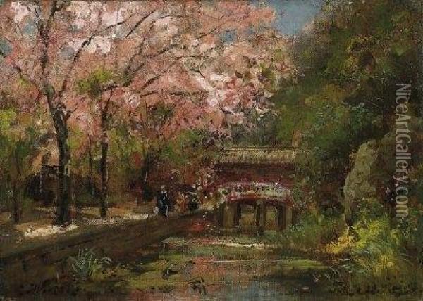 Japan Cherry Blossom. Signed 
Lower Left: C. Wuttke As Well As Noted And Dated Below Right: Tokio 25. 
Mai 98 Oil Painting - Carl Wuttke