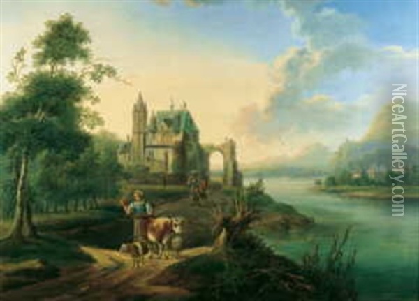 Phantastische Rheinlandschaft (in Collab. W/franz Schutz) Oil Painting - Friedrich Wilhelm Hirt