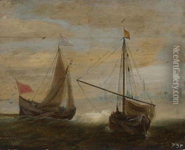 Two Small Ships In Front Of A Dutch Town Oil Painting - Hans Goderis