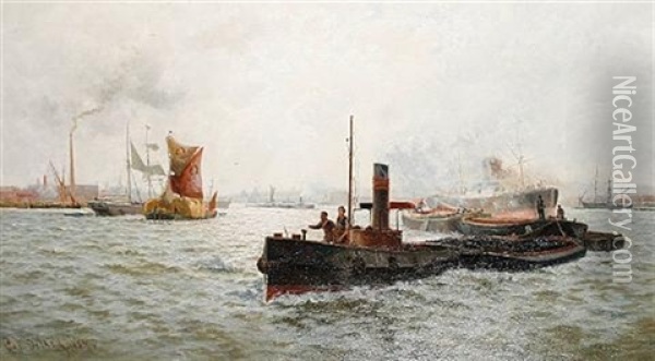 Thames Scene With Barges In The Foreground Oil Painting - Charles John de Lacy