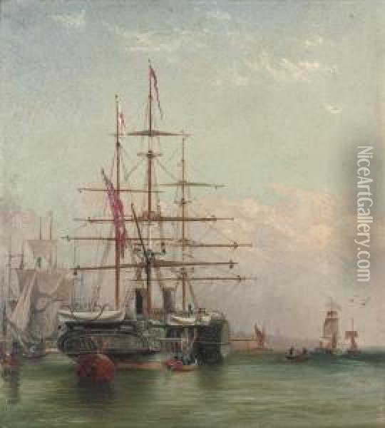 An Old Paddle Steamer Moored Off Shields Oil Painting - Robert Jobling