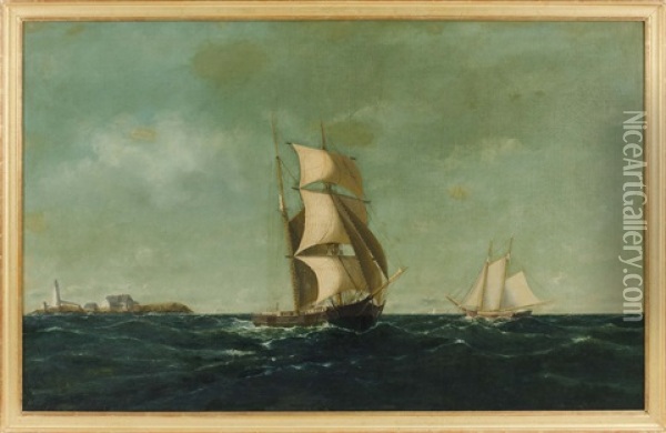 Brigantine And American Schooner Under Full Sail Off A Lighthouse Oil Painting - William Henry Coffin
