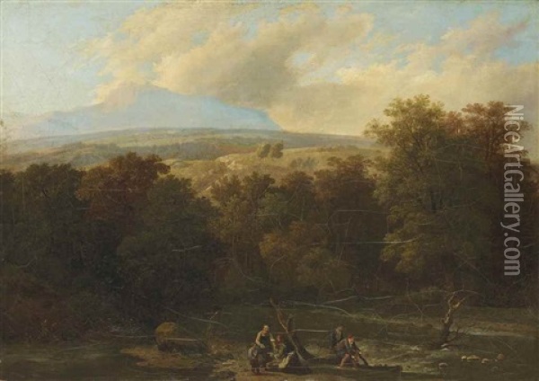 Paysage Avec Pecheurs A La Ligne Aux Bords D'une Riviere Oil Painting - Wolfgang Adam Toepffer