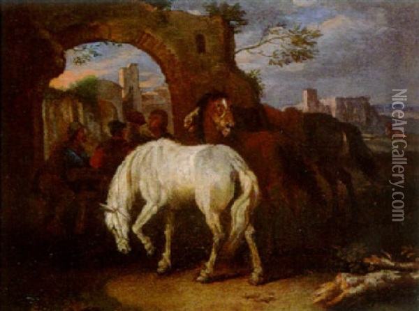 Travellers Taking Refreshments With Horses Before A Ruined Arch Oil Painting - Pieter van Bloemen