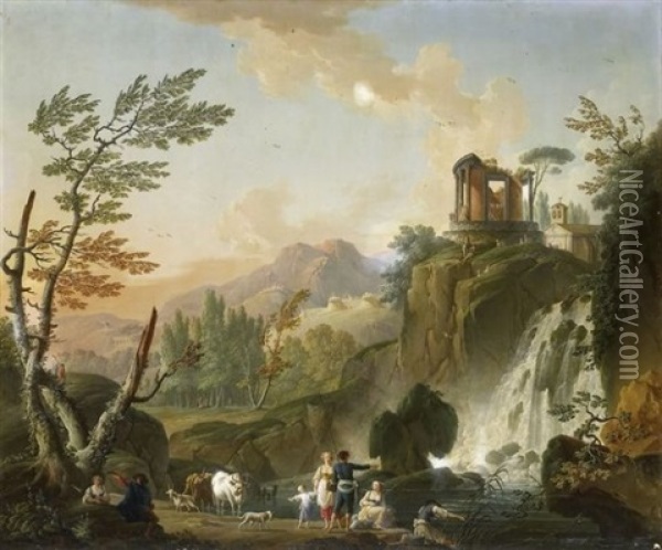 Pecheur Conversant Au Pied D'une Cascade Oil Painting - Charles Francois Lacroix