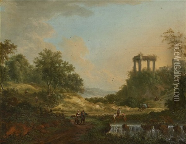 Arcadian Landscape With A Temple Ruin And People Oil Painting - Johann Christian Vollerdt