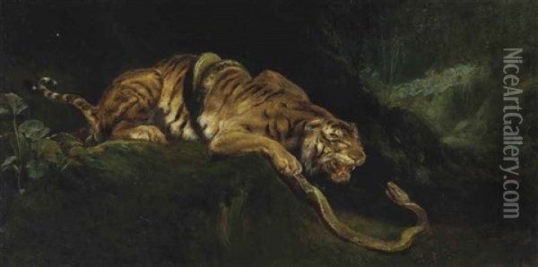 A Tiger Struggling With A Snake Oil Painting - Giulio Aristide Sartorio